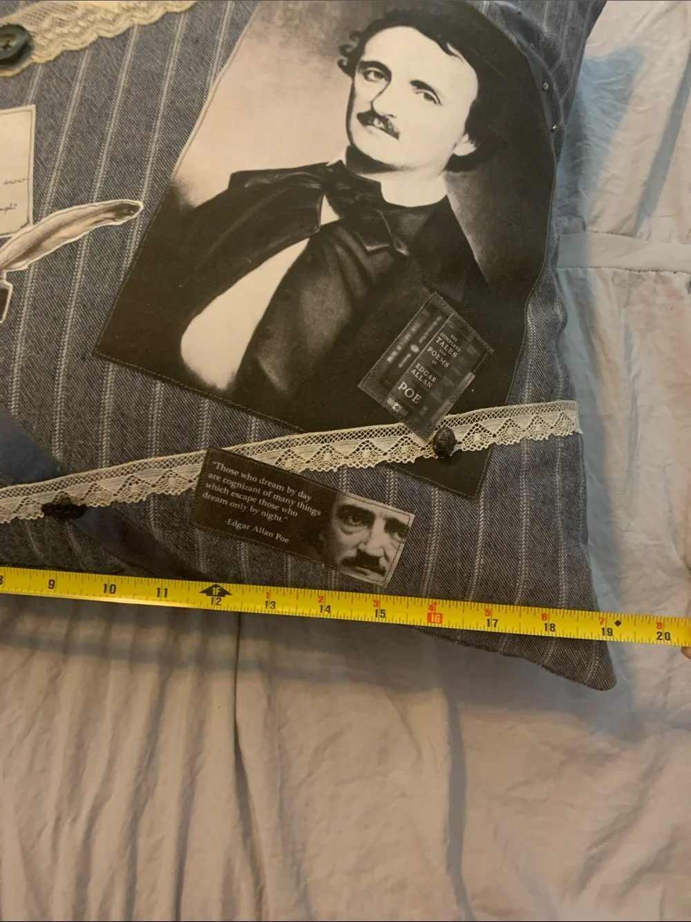 Decorative Edgar Allan Poe Striped Accent Pillow with Lace & Buttons